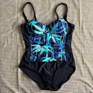 Azul by Maxine of Hollywood One Piece Swimsuit Tropical Leaf Blue Size 14